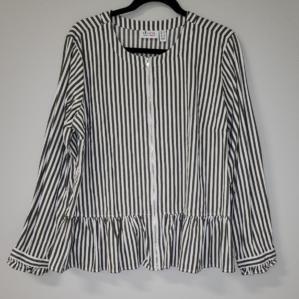 Denim & Co. Yarn Dyed Striped Peplum Jacket Deep Olive Large